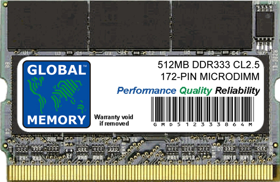 512MB DDR 333MHz PC2700 172-PIN MICRODIMM MEMORY RAM FOR LAPTOPS/NOTEBOOKS 512MB DDR 333MHz PC2700 172-PIN MICRODIMM MEMORY RAM FOR LAPTOPS/NOTEBOOKS